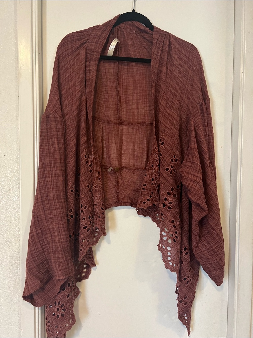 Open-Front Lace-Trim Shrug in Rust